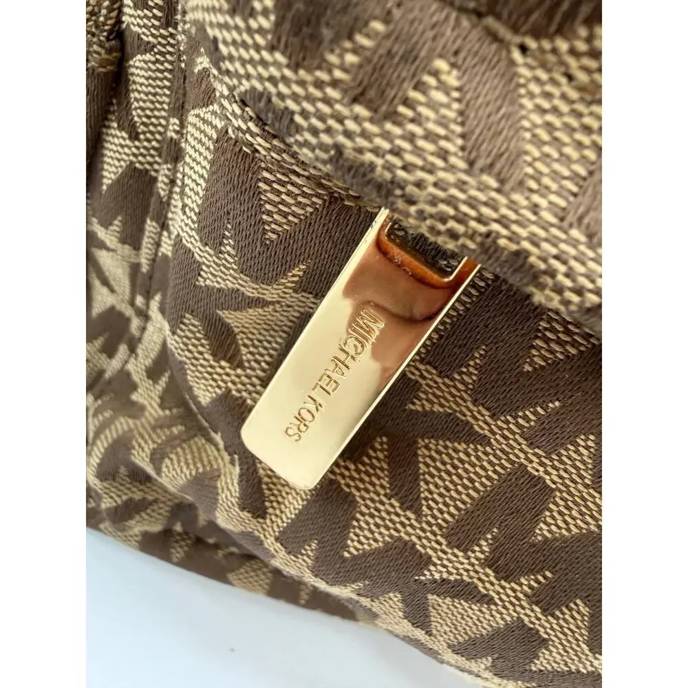 Michael Kors MK Logo Backpack Brown Tan Canvas Leather Trim Small Backpack